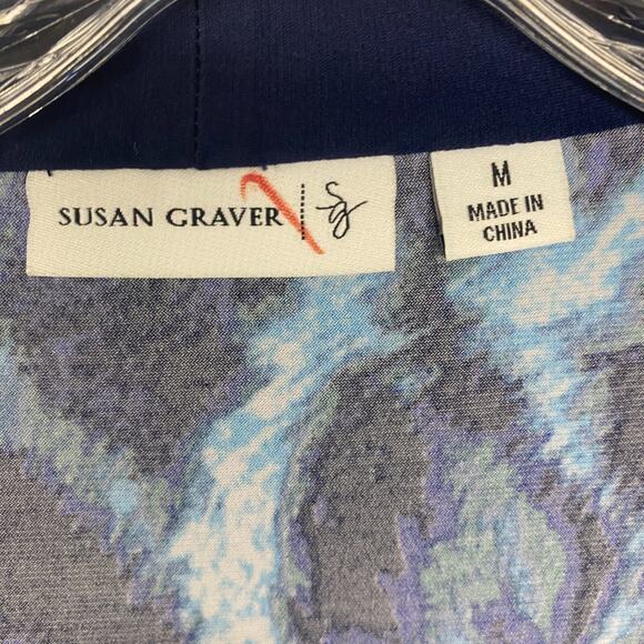 Susan Graver Cardigan Womens M Blue White Knit Open Front Stretch Lightweight - Picture 5 of 7